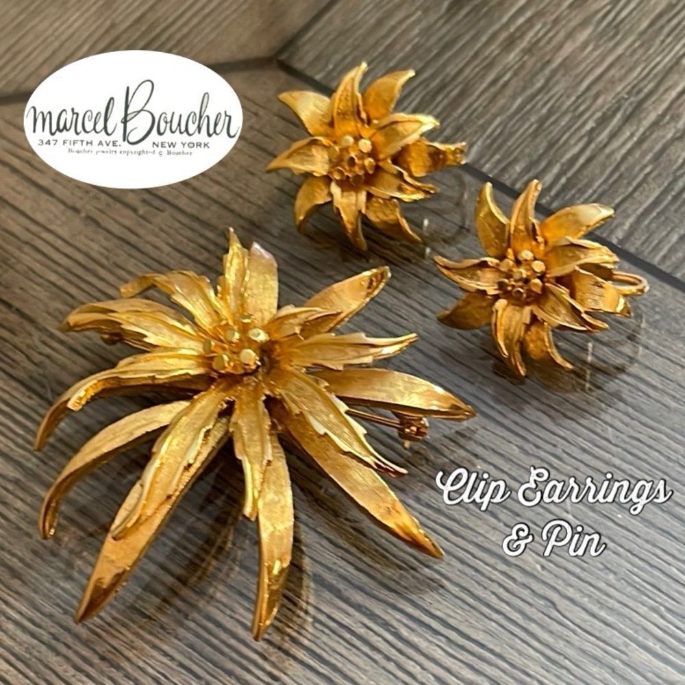 Vintage Signed BOUCHER Gold-tone FLOWER POINSETTIA Pin Brooch & Clip Earrings